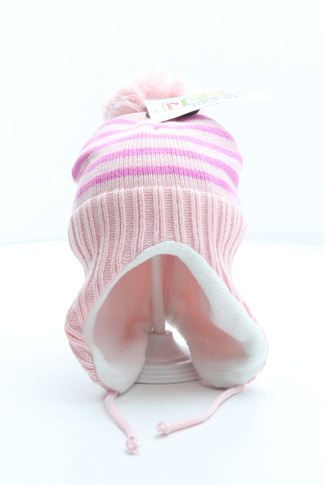 Pesci Baby Girls Pink Striped Acrylic Bonnet Size S - Pom Pom