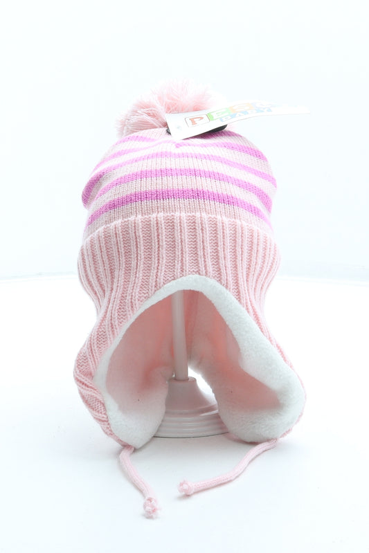 Pesci Baby Girls Pink Striped Acrylic Bonnet Size S - Pom Pom