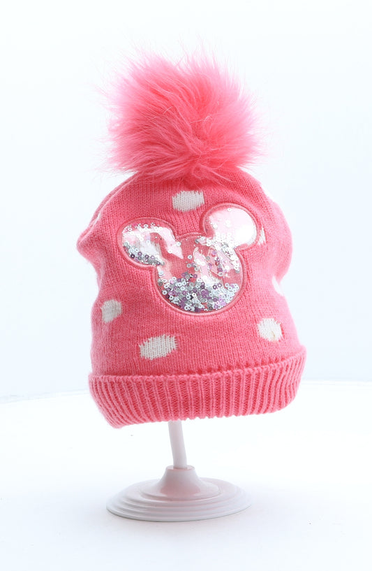 Primark Girls Pink Polka Dot Acrylic Bobble Hat Size S - Mickey Mouse