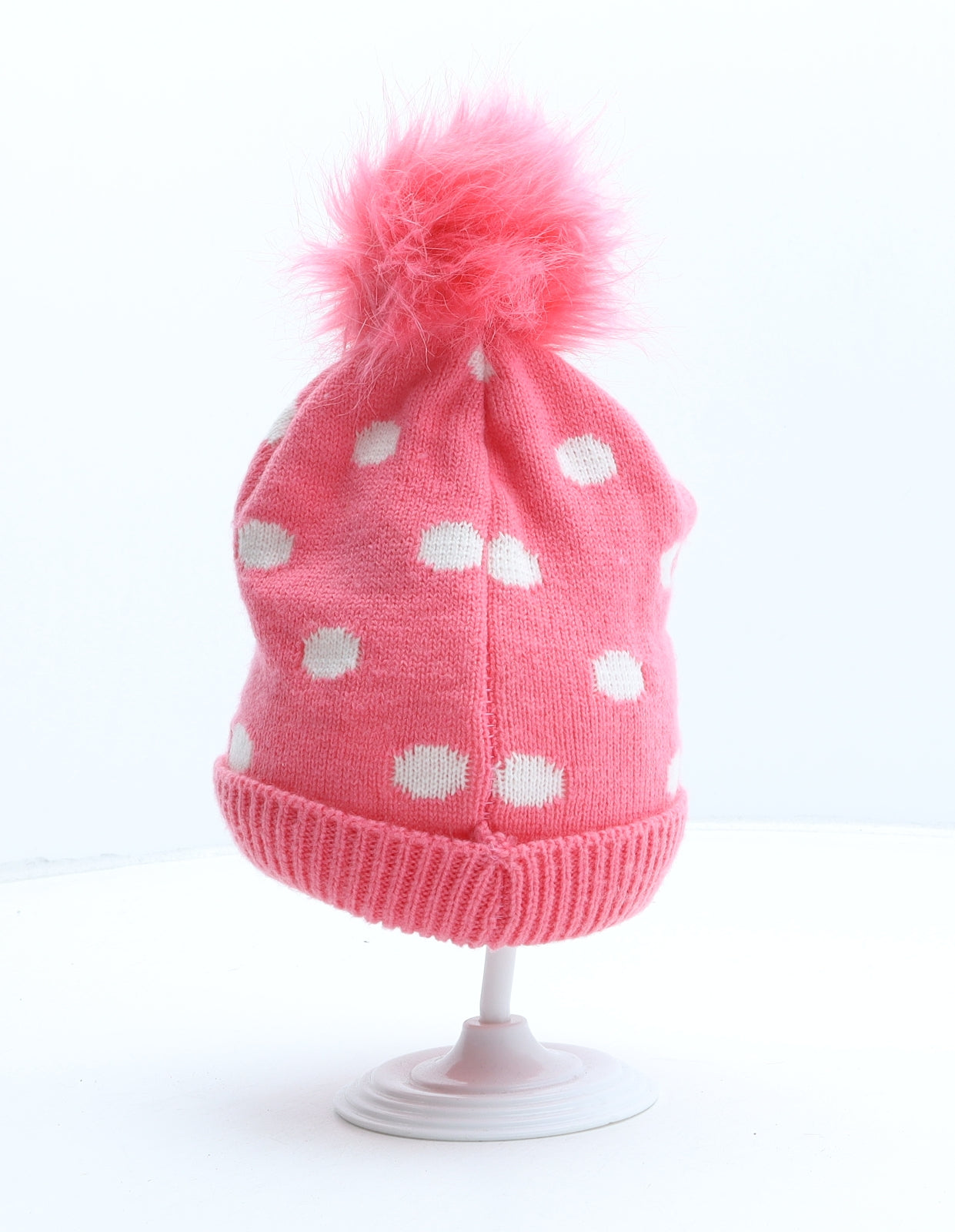 Primark Girls Pink Polka Dot Acrylic Bobble Hat Size S - Mickey Mouse