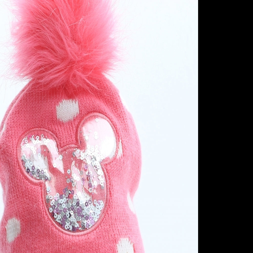 Primark Girls Pink Polka Dot Acrylic Bobble Hat Size S - Mickey Mouse