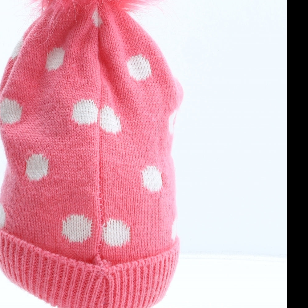 Primark Girls Pink Polka Dot Acrylic Bobble Hat Size S - Mickey Mouse