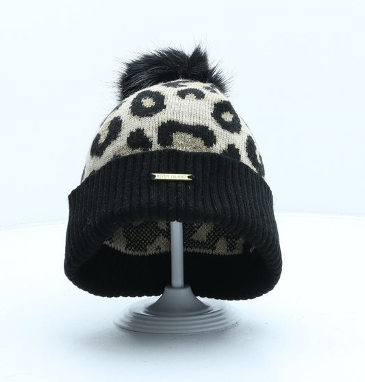 River Island Girls Beige Animal Print Acrylic Bobble Hat One Size - Leopard print