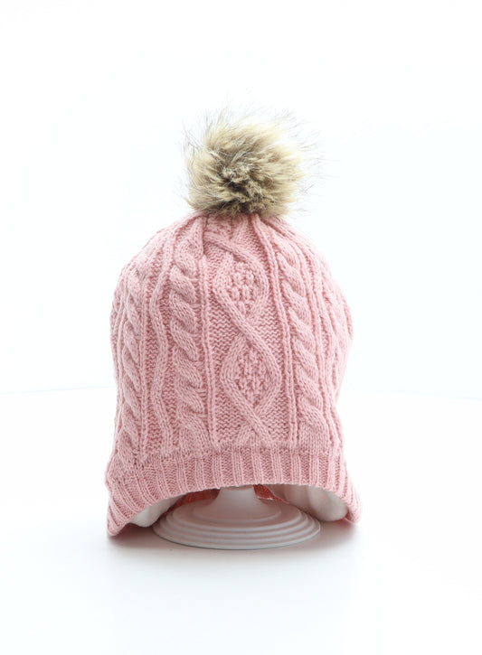 So Cute Girls Pink Acrylic Bobble Hat One Size - Flower Detail