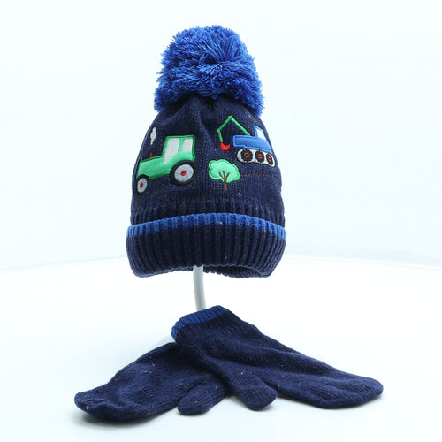 Preworn Boys Blue Acrylic Bobble Hat Size S - Tractor Digger