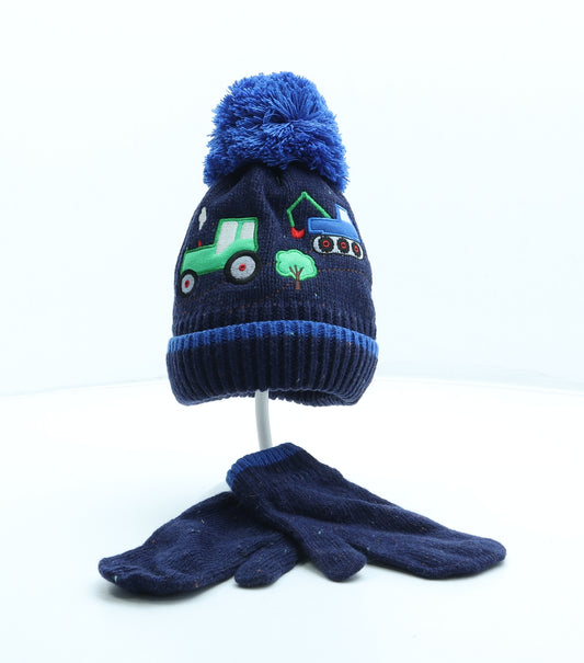 Preworn Boys Blue Acrylic Bobble Hat Size S - Tractor Digger