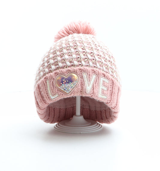 Matalan Girls Pink Acrylic Bobble Hat One Size - Love, Heart detail