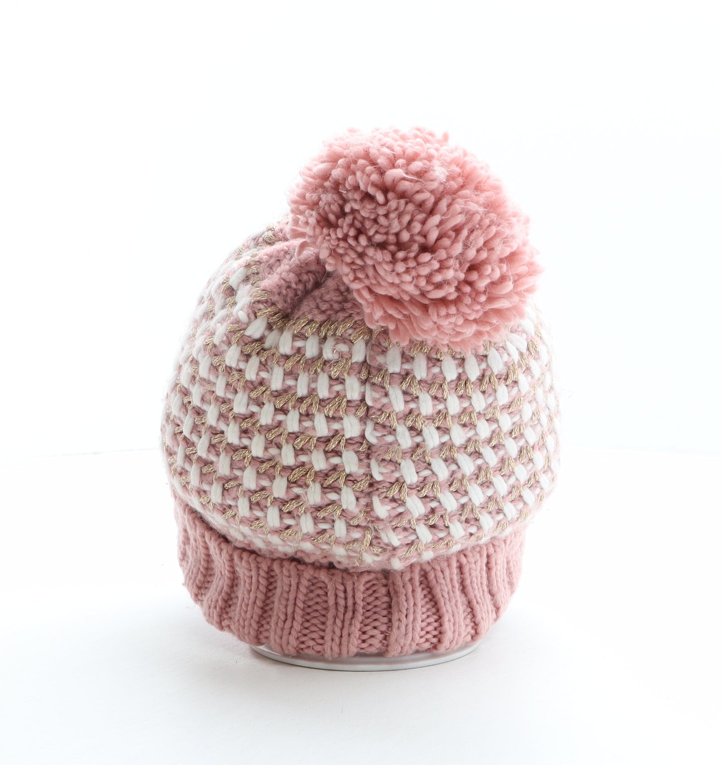 Matalan Girls Pink Acrylic Bobble Hat One Size - Love, Heart detail