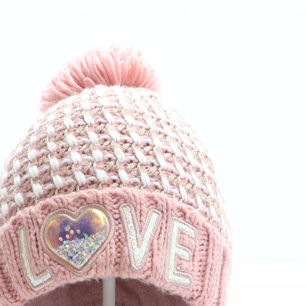 Matalan Girls Pink Acrylic Bobble Hat One Size - Love, Heart detail