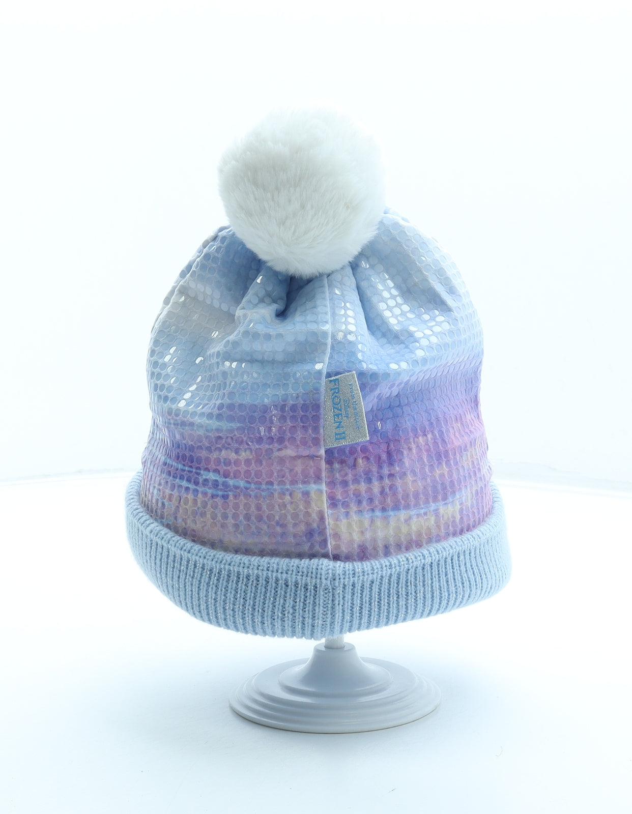 Disney Girls Blue Geometric Acrylic Bobble Hat One Size - Sequin Effect Frozen