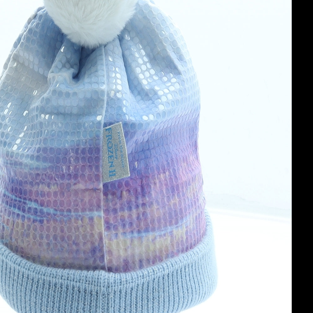 Disney Girls Blue Geometric Acrylic Bobble Hat One Size - Sequin Effect Frozen