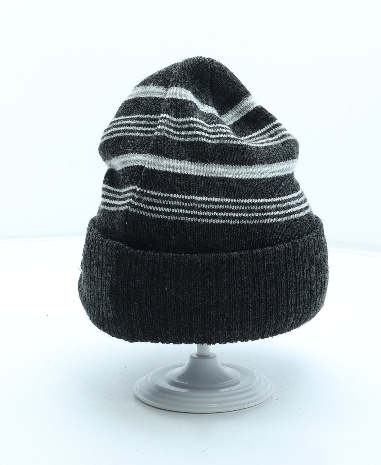 Preworn Mens Grey Striped Acrylic Beanie One Size - Peaked front