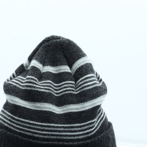Preworn Mens Grey Striped Acrylic Beanie One Size - Peaked front