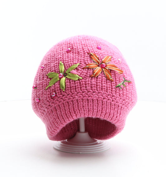 Preworn Womens Pink Acrylic Beanie One Size - Flower Detail