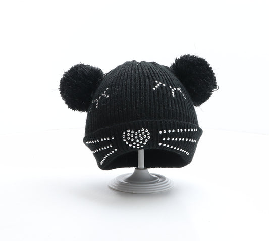 Debenhams Girls Black Acrylic Bobble Hat One Size - Cat Design