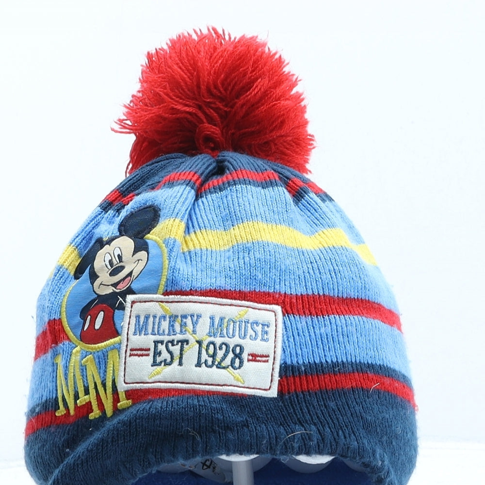 Disney Boys Blue Striped Acrylic Bobble Hat One Size - Mickey Mouse