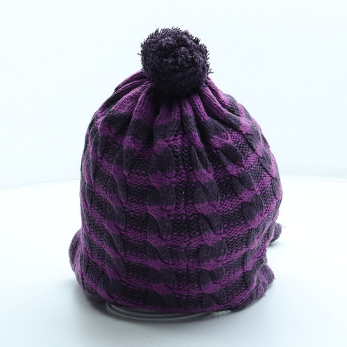 Parallel Womens Purple Striped Acrylic Bobble Hat One Size - Pom Pom