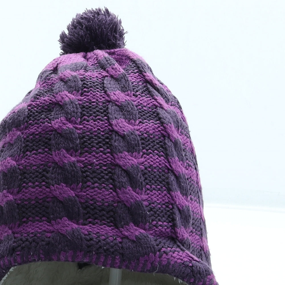Parallel Womens Purple Striped Acrylic Bobble Hat One Size - Pom Pom