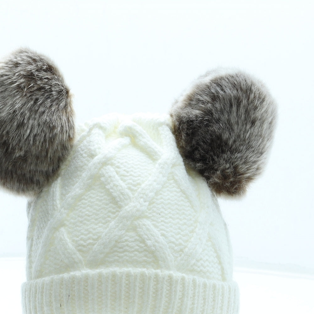 F&F Girls White Acrylic Bobble Hat One Size - Faux Fur