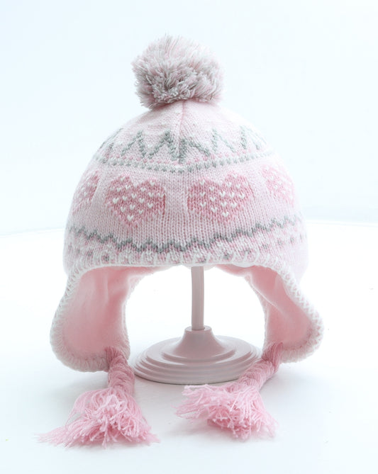 Matalan Girls Pink Acrylic Bobble Hat One Size - Pom Pom Hearts