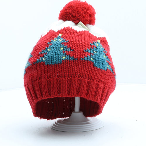 Peacocks Womens Red Fair Isle Acrylic Bobble Hat One Size - Christmas