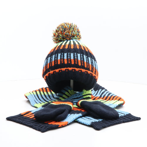 Preworn Boys Multicoloured Striped Acrylic Bobble Hat One Size - Scarf and Mittens included