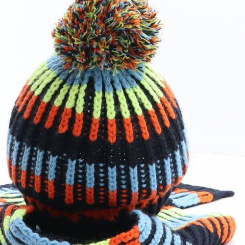 Preworn Boys Multicoloured Striped Acrylic Bobble Hat One Size - Scarf and Mittens included