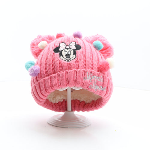 Matalan Girls Pink Acrylic Bobble Hat One Size - Minnie Mouse, Disney, Pom Poms