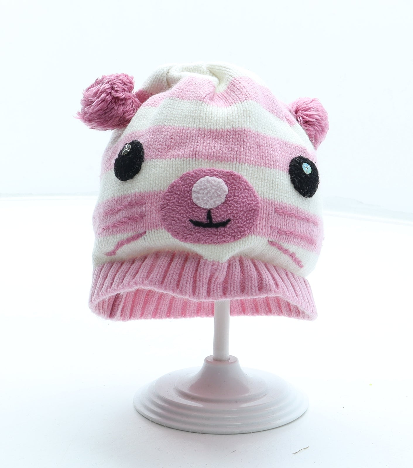 Preworn Girls Pink Striped Cotton Bobble Hat One Size - Cat