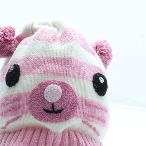 Preworn Girls Pink Striped Cotton Bobble Hat One Size - Cat