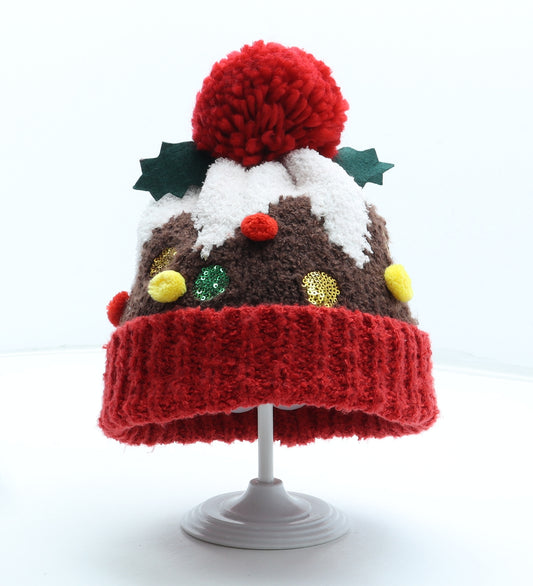 Primark Womens Multicoloured Geometric Polyester Bobble Hat One Size - Christmas Pudding