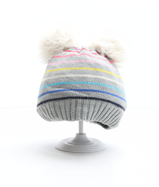 Gap Girls Grey Striped Cotton Bobble Hat Size S