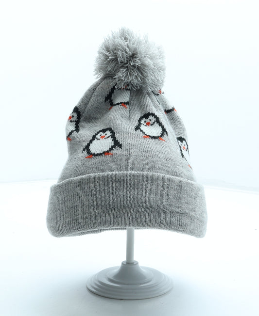 Preworn Girls Grey Geometric Acrylic Bobble Hat One Size - Penguin
