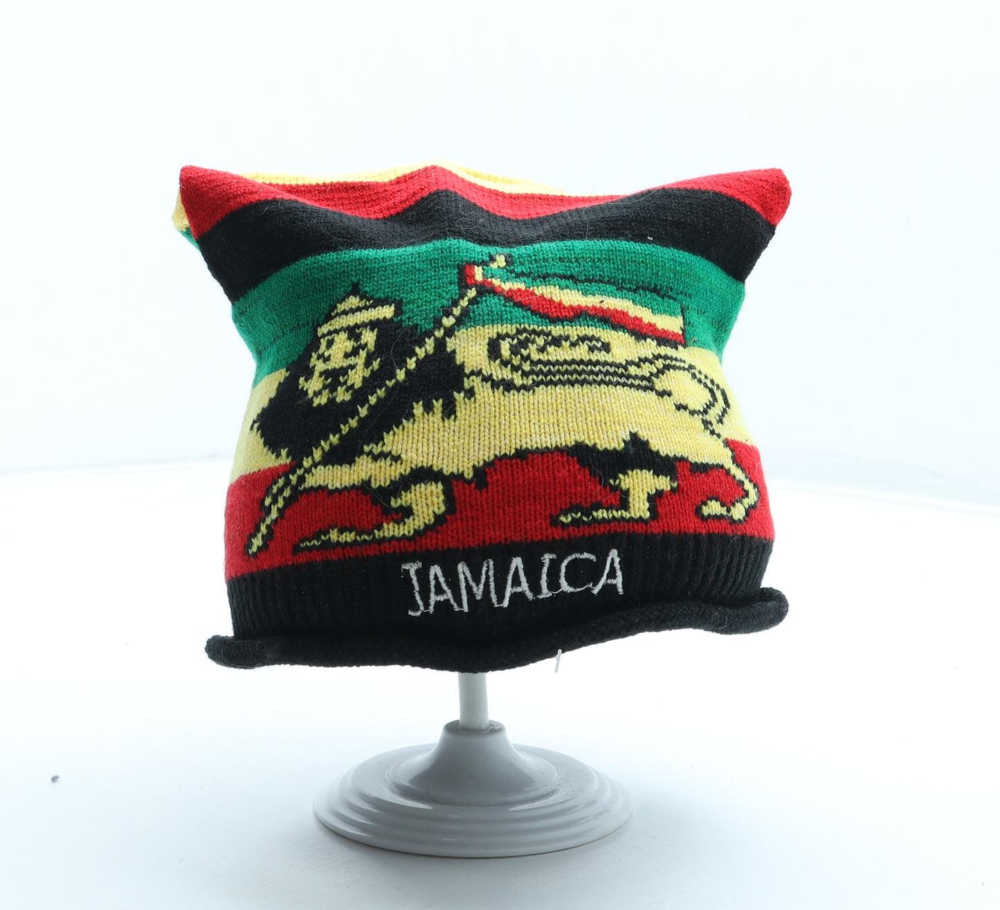 Jamaica Mens Multicoloured Striped Acrylic Beanie One Size - Logo Lion