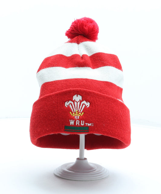 Welsh Rugby Mens Red Striped Acrylic Beanie One Size - Pom Pom
