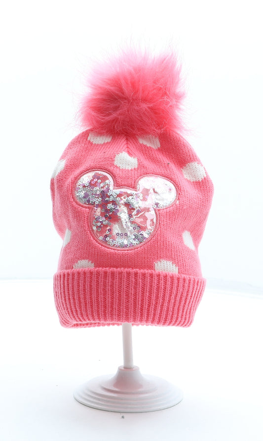 Primark Girls Pink Polka Dot Acrylic Bobble Hat Size S - Minnie Mouse Faux Fur