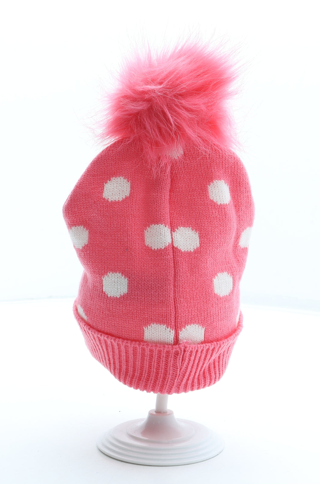 Primark Girls Pink Polka Dot Acrylic Bobble Hat Size S - Minnie Mouse Faux Fur