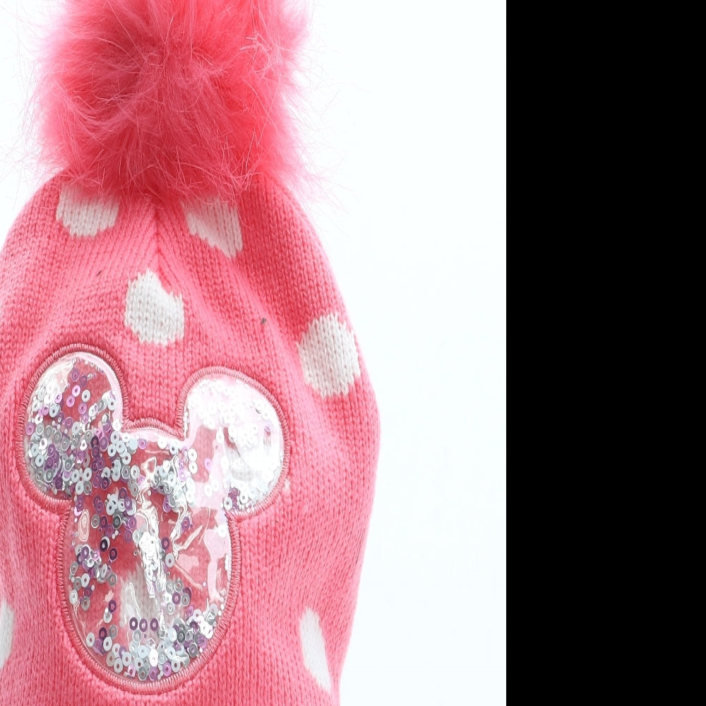 Primark Girls Pink Polka Dot Acrylic Bobble Hat Size S - Minnie Mouse Faux Fur