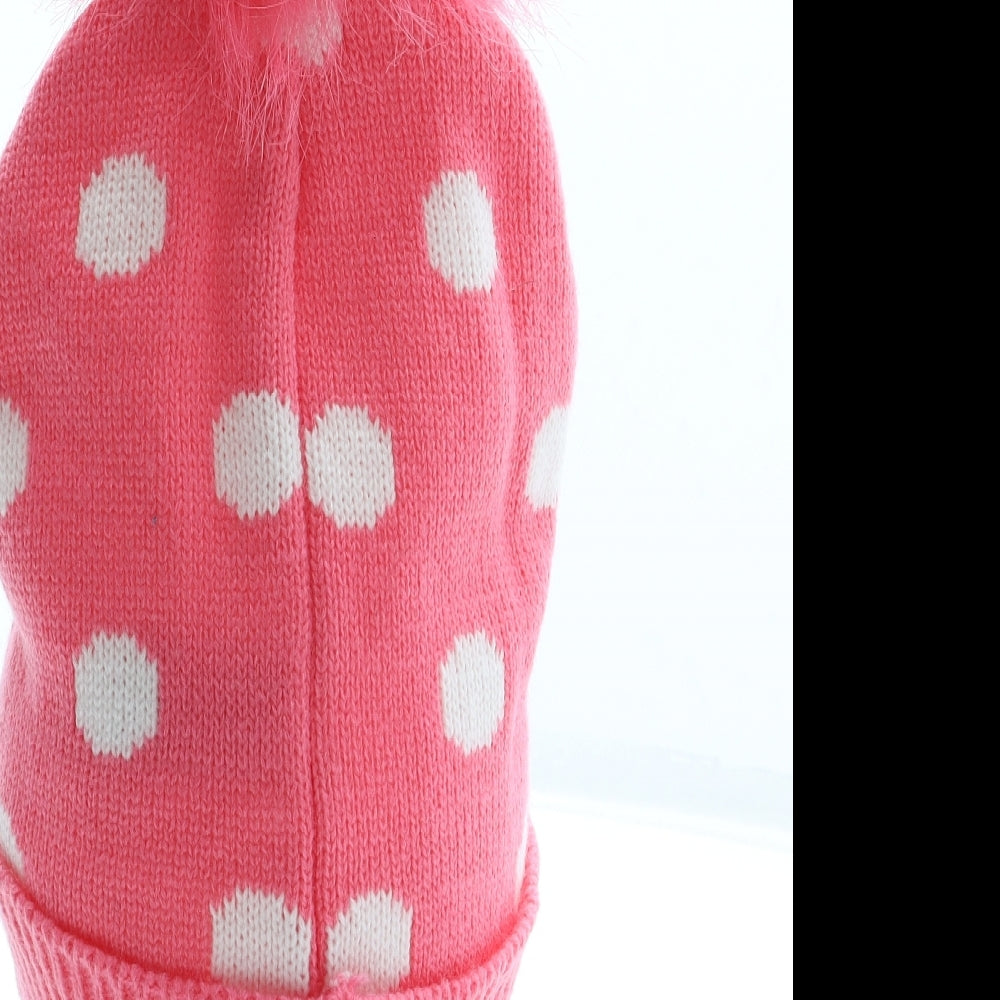 Primark Girls Pink Polka Dot Acrylic Bobble Hat Size S - Minnie Mouse Faux Fur