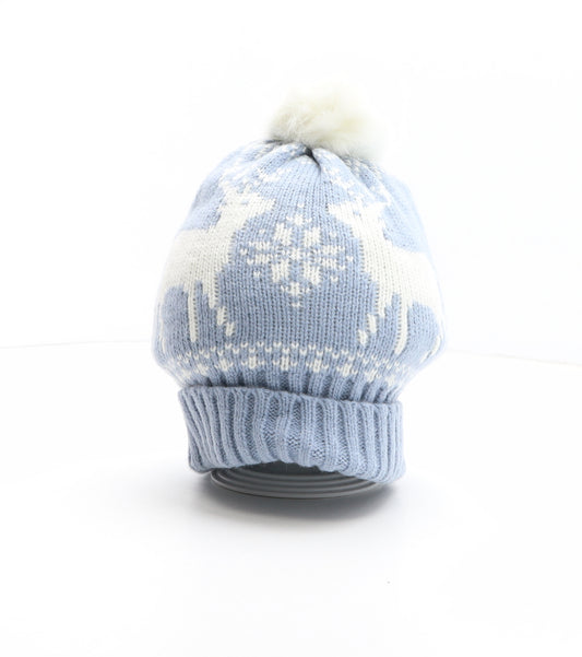Marks and Spencer Womens Blue Fair Isle Acrylic Bobble Hat One Size - Deer Pattern