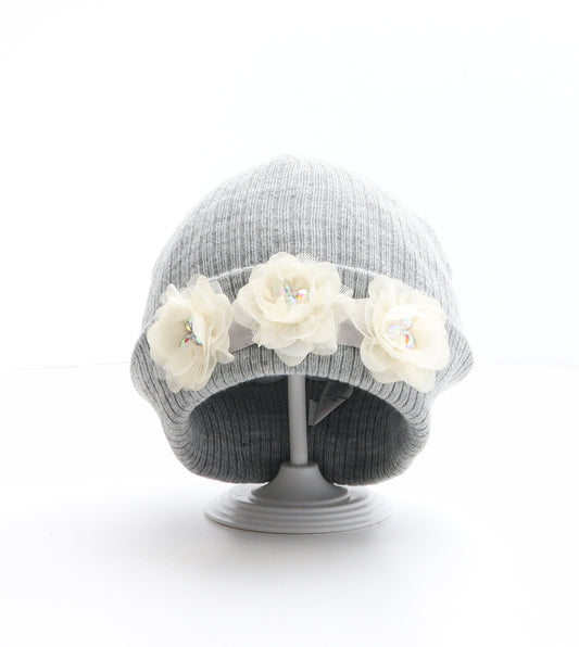 Marks and Spencer Girls Grey Acrylic Beanie One Size - Flower Detail