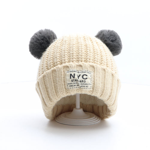 NYC Womens Beige Acrylic Bobble Hat One Size