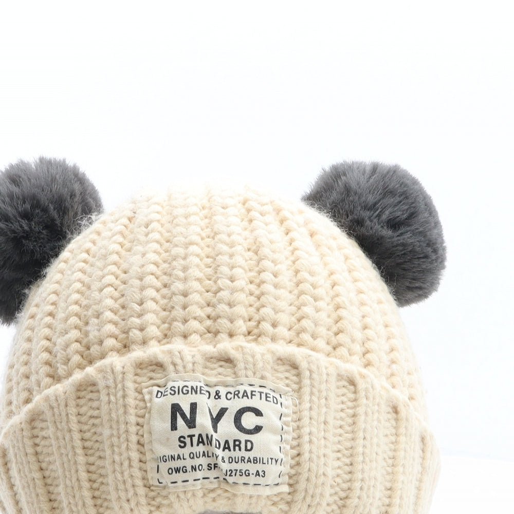 NYC Womens Beige Acrylic Bobble Hat One Size