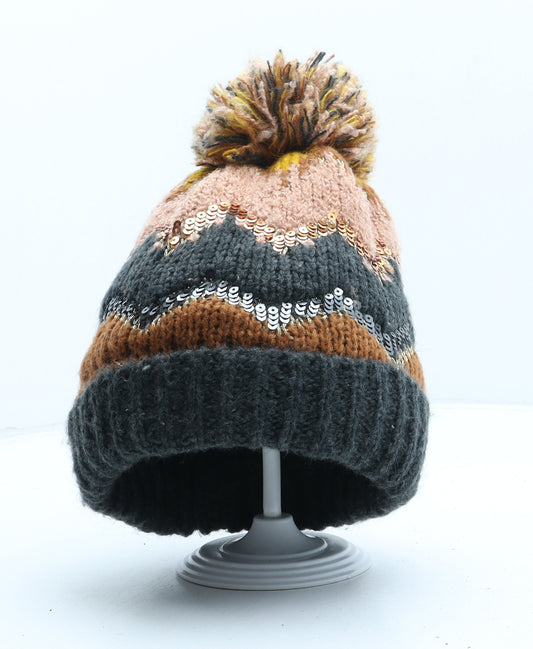 Zara Womens Brown Fair Isle Polyester Bobble Hat One Size