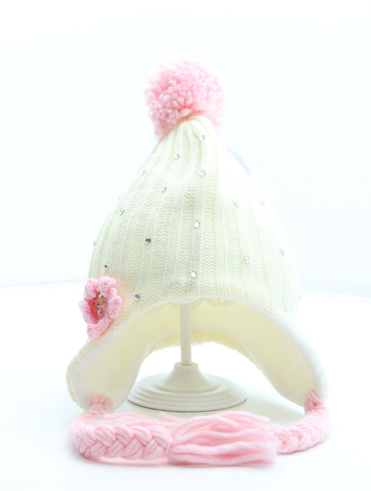 Flagstaff Girls Ivory Acrylic Bobble Hat One Size - Flower Detail