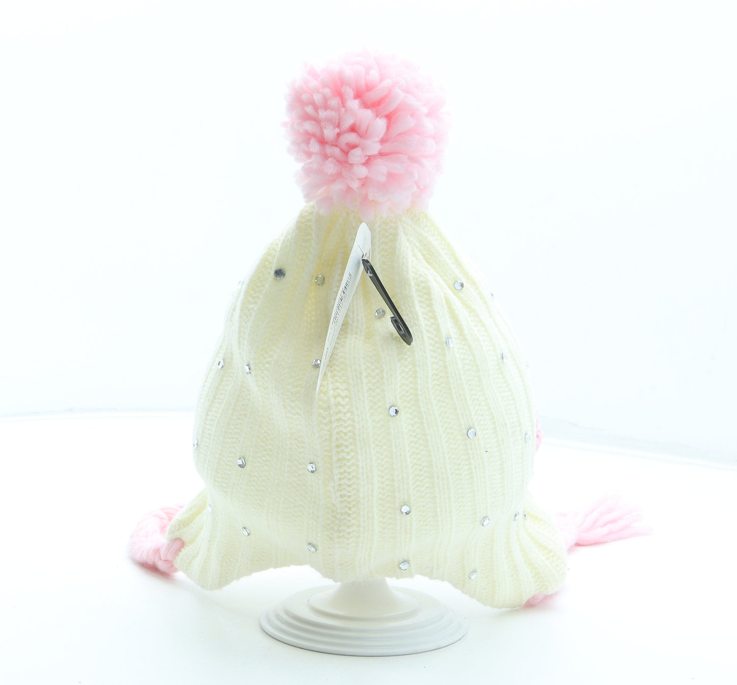 Flagstaff Girls Ivory Acrylic Bobble Hat One Size - Flower Detail