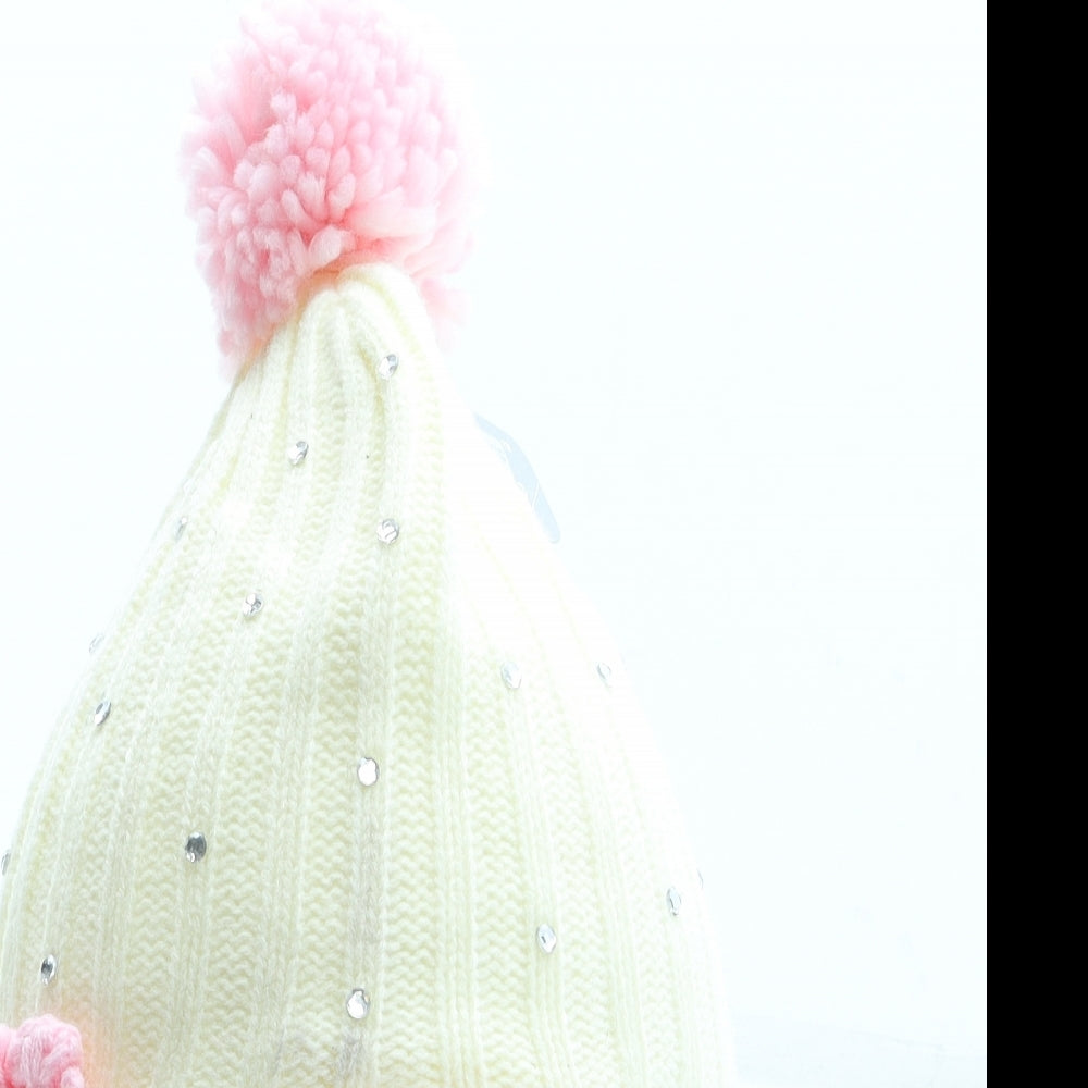 Flagstaff Girls Ivory Acrylic Bobble Hat One Size - Flower Detail