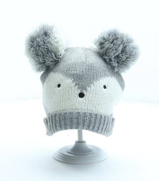 F&F Girls Grey Acrylic Bobble Hat Size S - Koala Size 6-12 months
