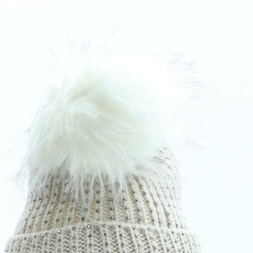 F&F Womens Beige Acrylic Bobble Hat One Size - Faux Fur