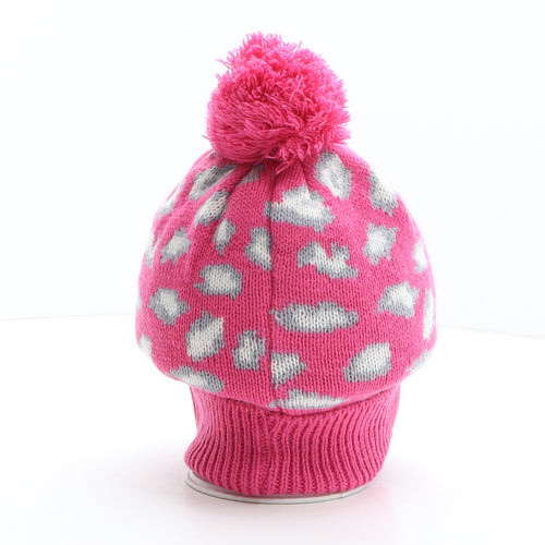 Preworn Girls Pink Animal Print Acrylic Bobble Hat One Size - Leopard print